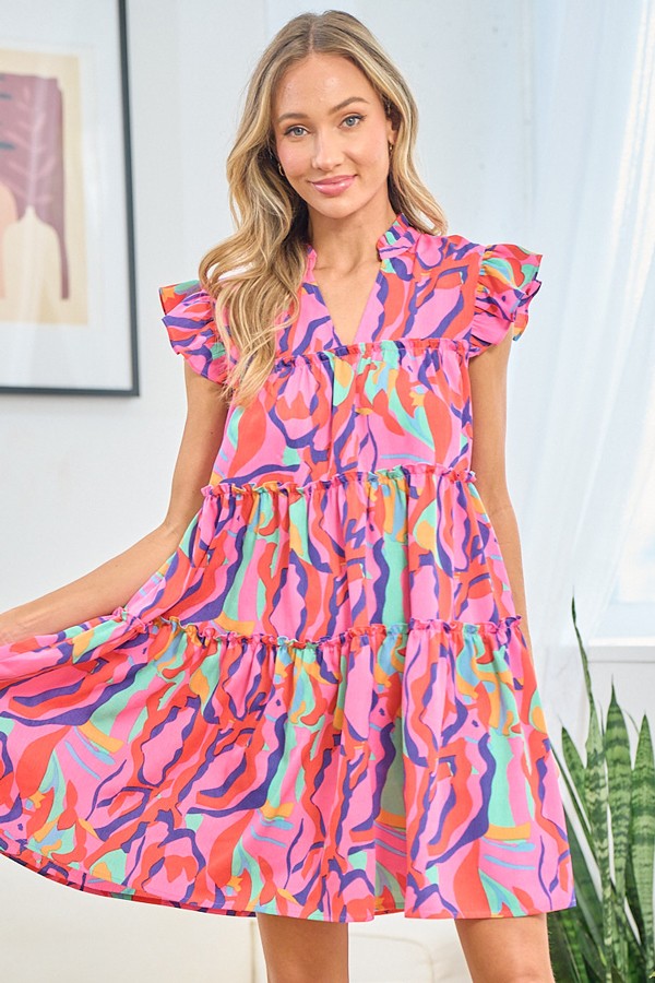 Printed Ruffle Cap Sleeve Tiered Dress - First Love