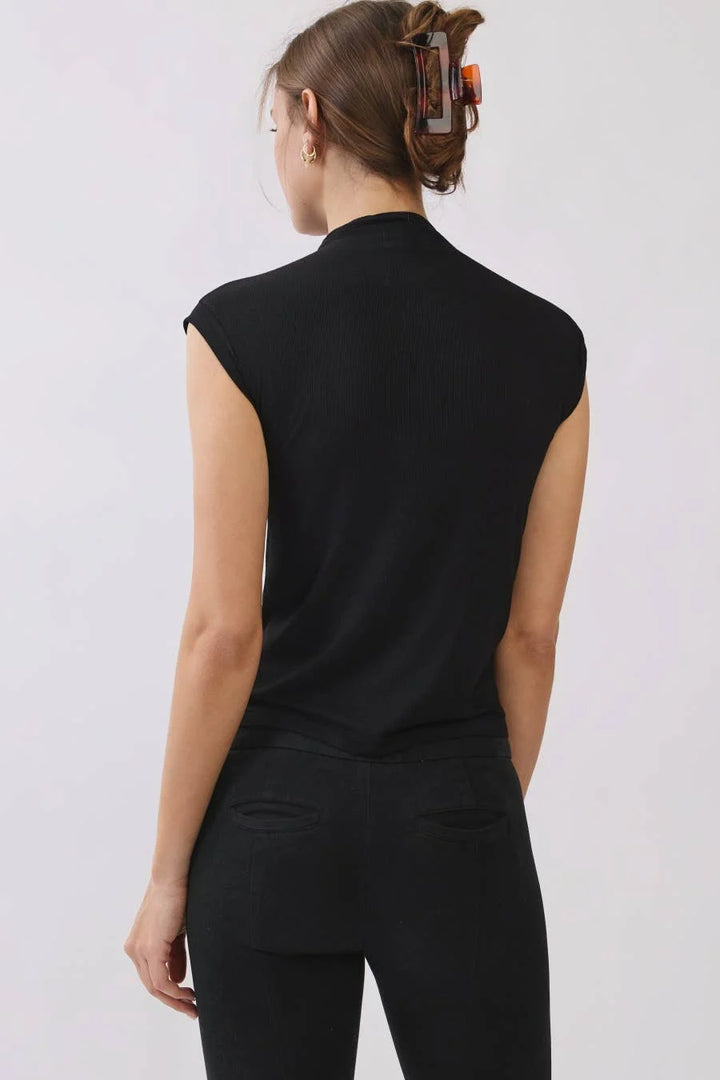 Back view of women's black ribbed mock neck top showing the high neckline and sleeveless design.