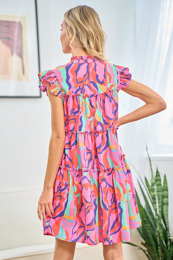 Printed Ruffle Cap Sleeve Tiered Dress - First Love