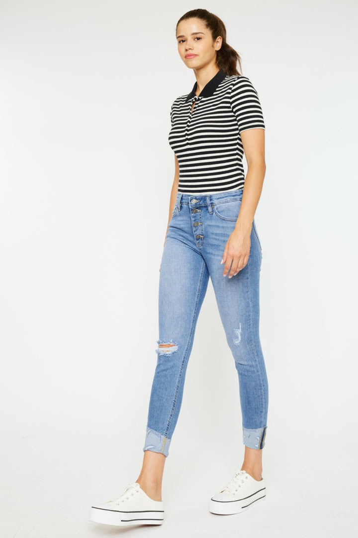 Delilah Distressed Cat's Whiskers Button Fly Jeans Kancan