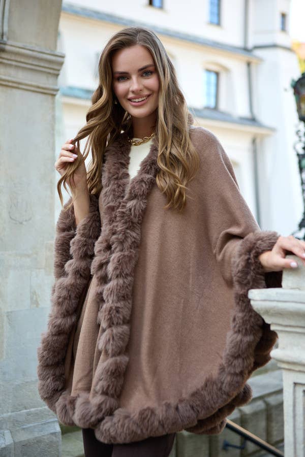 Camel faux fur trim cape by SAACHI front view