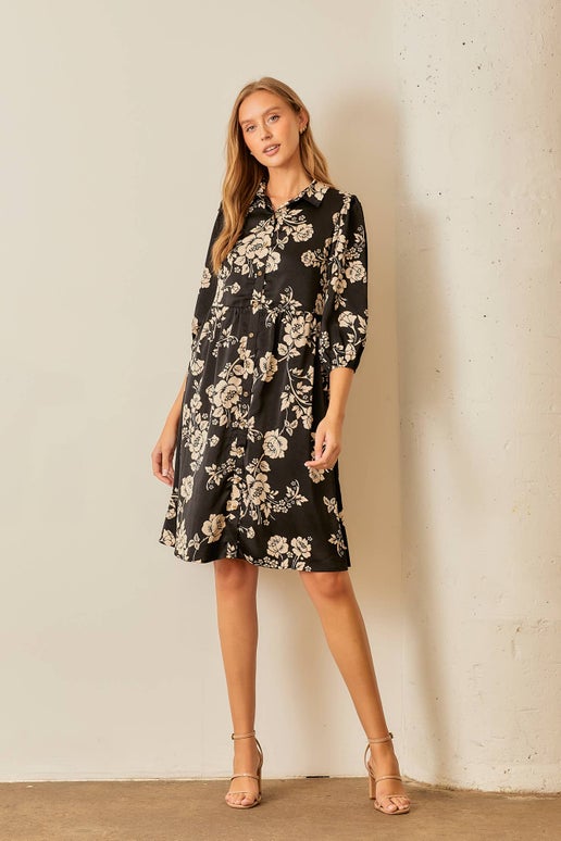 Flora Button Up Tiered Dress in Black