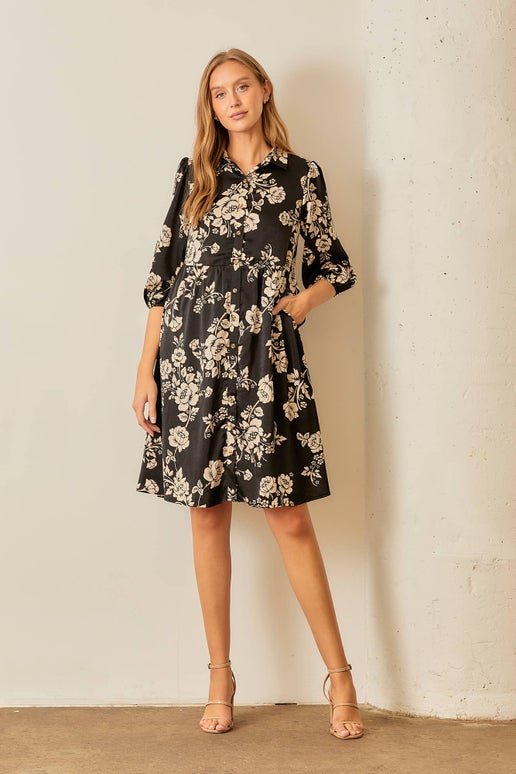 Flora Button Up Tiered Dress in Black