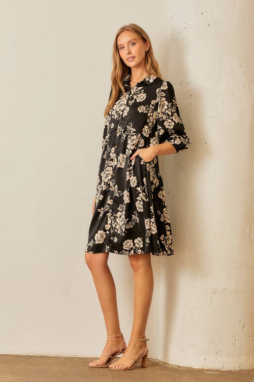 Flora Button Up Tiered Dress in Black