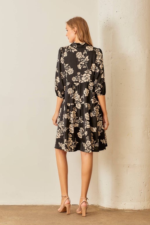 Flora Button Up Tiered Dress in Black