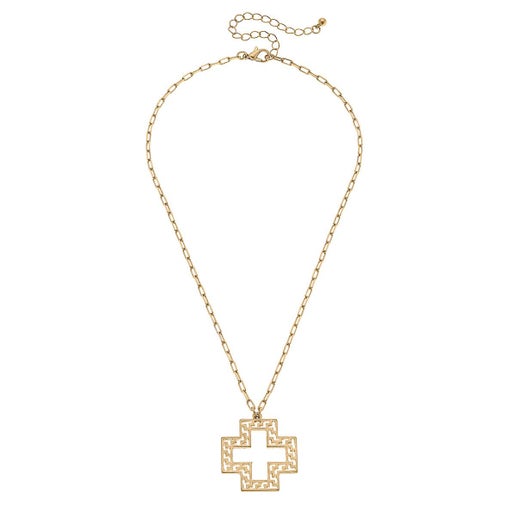 Kristin Greek Keys Cross Pendant Necklace in Worn Gold - Canvas Style