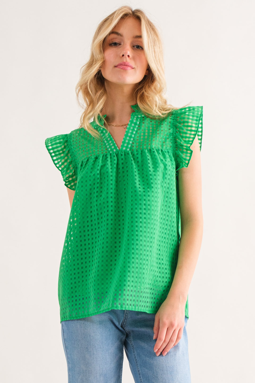 Ruffled my Feather Green Gridded Top