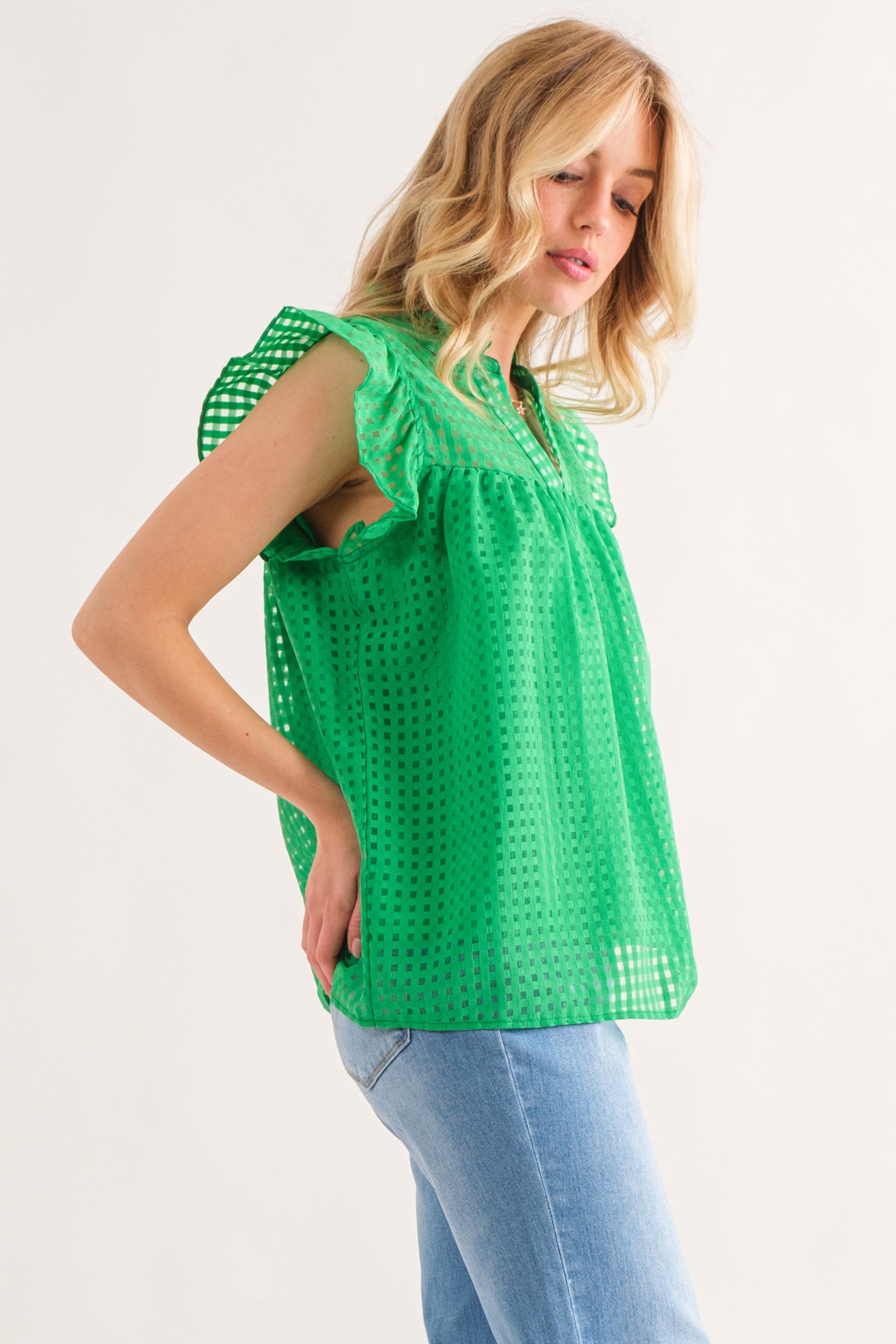 Ruffled my Feather Green Gridded Top