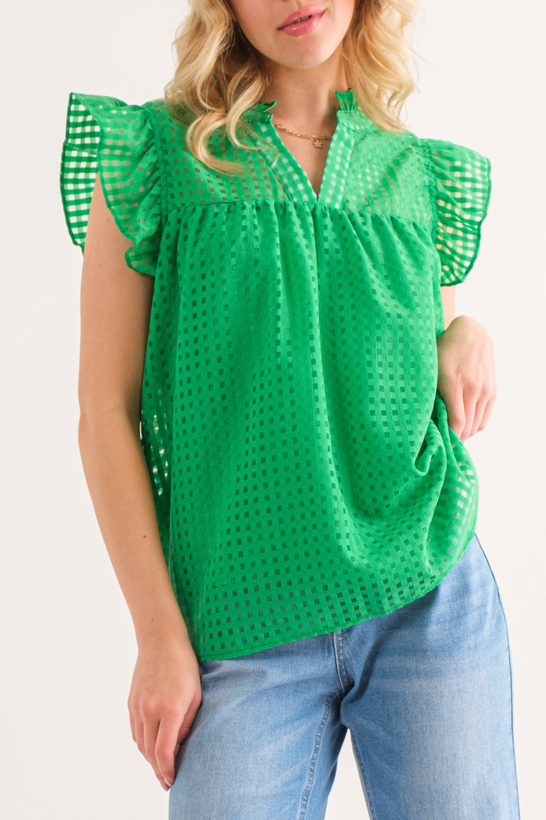 Ruffled my Feather Green Gridded Top