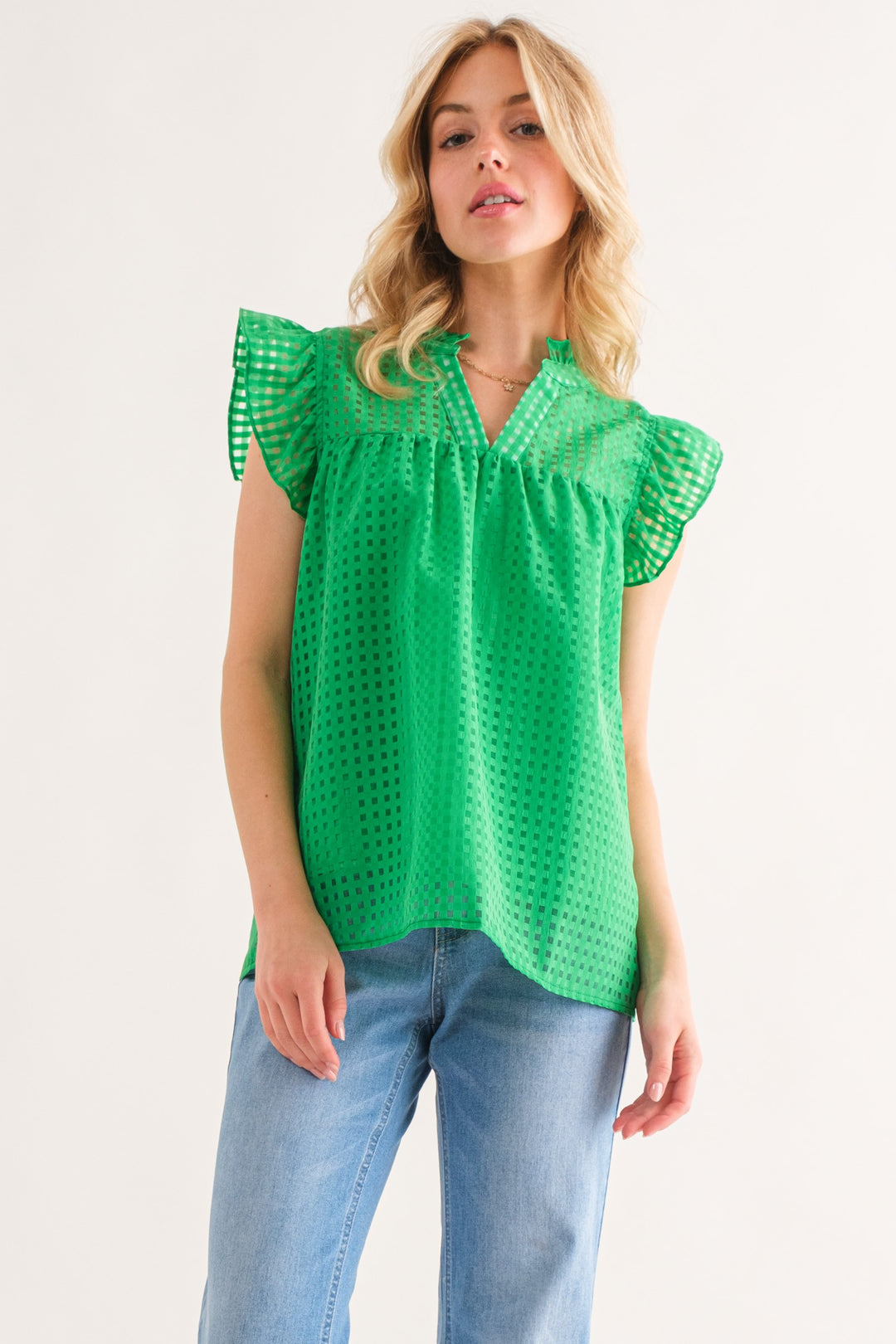 Ruffled my Feather Green Gridded Top