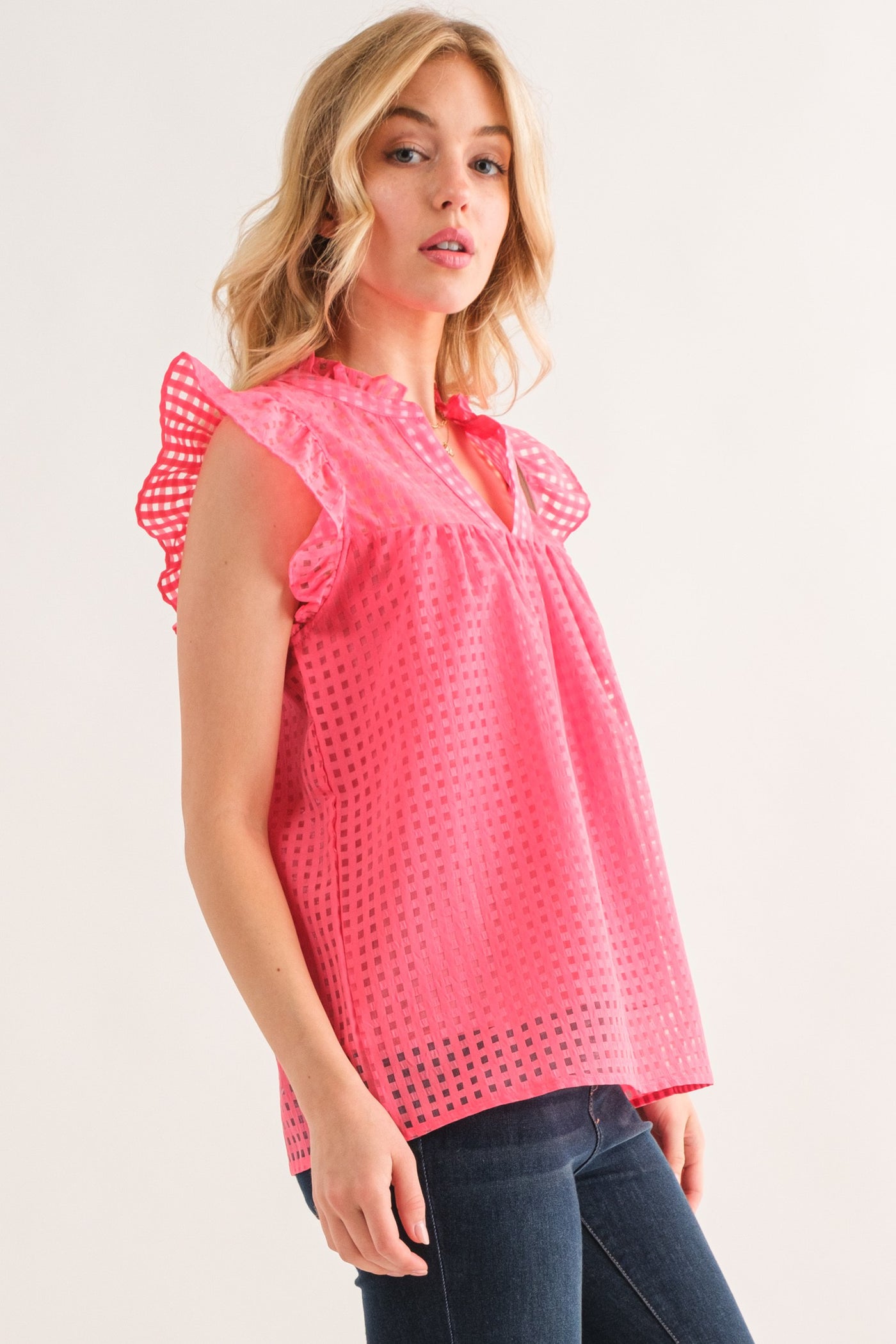 Ruffled my Feather Pink Gridded Top