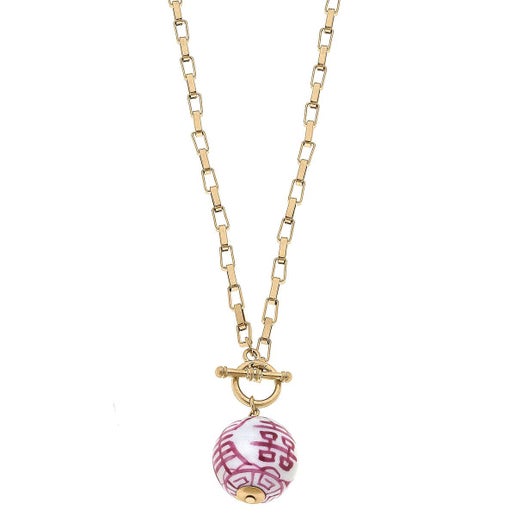 Laurel Chinoiserie T-Bar Necklace in Pink & White - Canvas Style