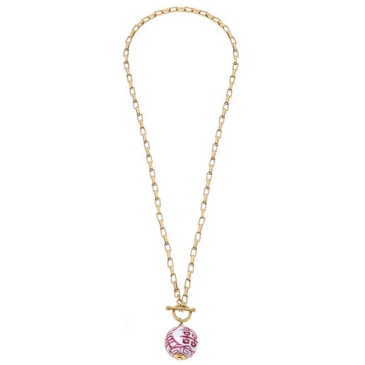 Laurel Chinoiserie T-Bar Necklace in Pink & White - Canvas Style