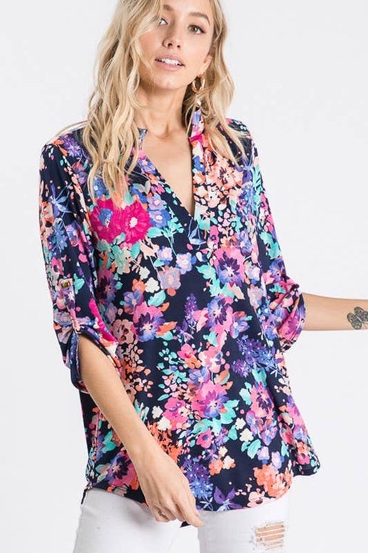 Mandarin Bloom Top in Navy