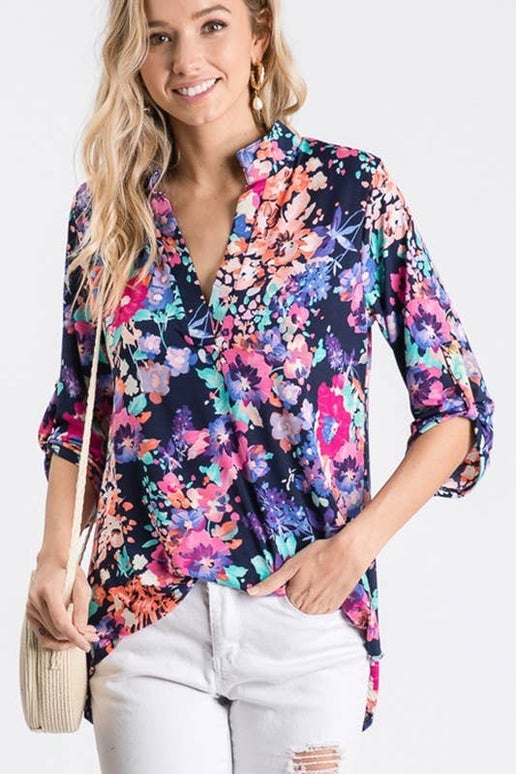 Mandarin Bloom Top in Navy