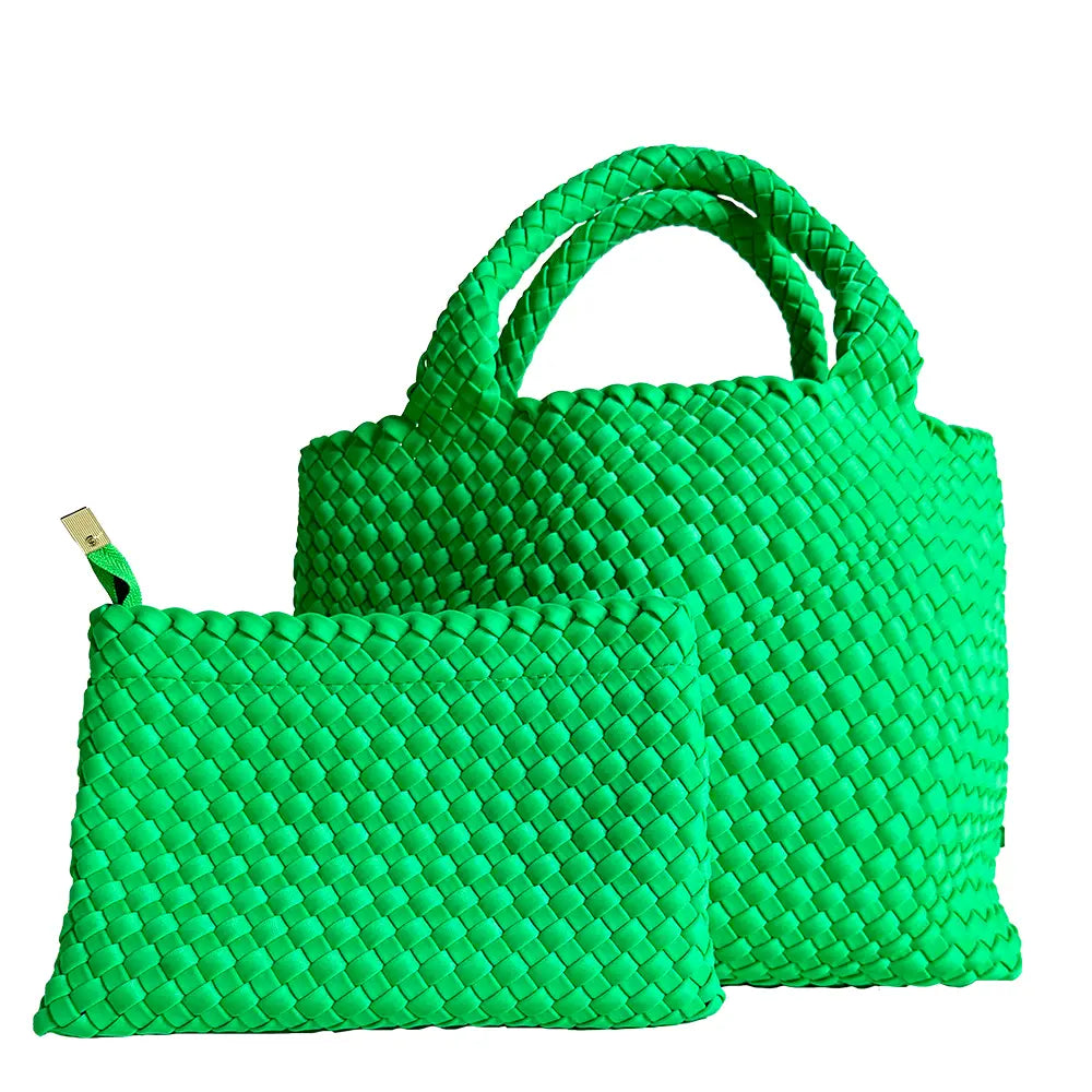 Lily Neon Green Woven Neoprene Tote with Pouch - Ahdorned