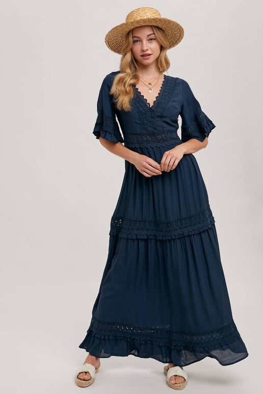 Chloe Lace Trimmed Maxi Dress in Navy