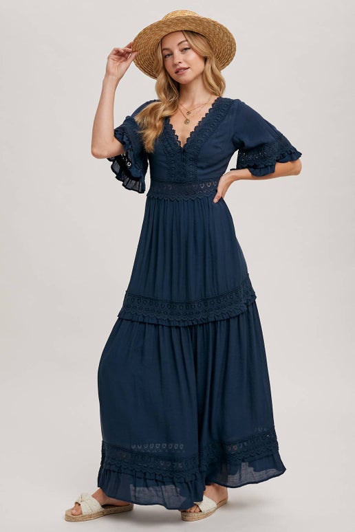 Chloe Lace Trimmed Maxi Dress in Navy