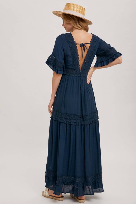 Chloe Lace Trimmed Maxi Dress in Navy