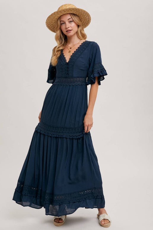 Chloe Lace Trimmed Maxi Dress in Navy