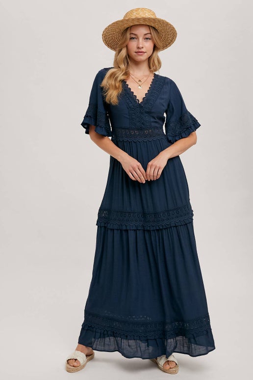 Chloe Lace Trimmed Maxi Dress in Navy