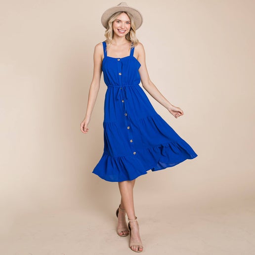 Sunny Ruffled Tiered Square Neck Button Midi Sundresses