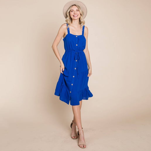 Sunny Ruffled Tiered Square Neck Button Midi Sundresses