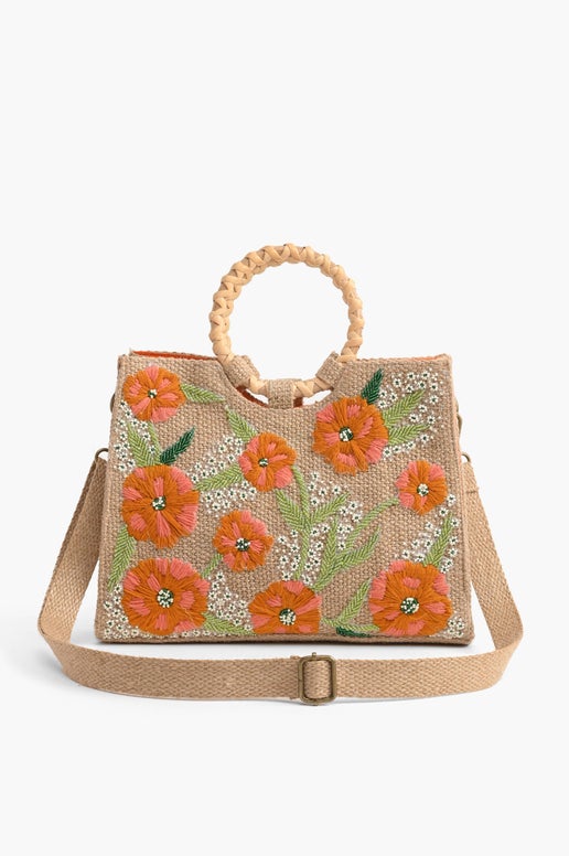 Floral Beaded Jute Shoulder Bag - America & Beyond