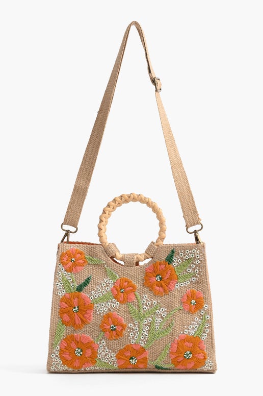 Floral Beaded Jute Shoulder Bag - America & Beyond