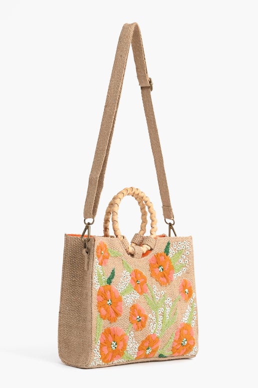 Floral Beaded Jute Shoulder Bag - America & Beyond