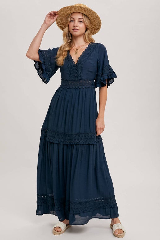 Chloe Lace Trimmed Maxi Dress in Navy