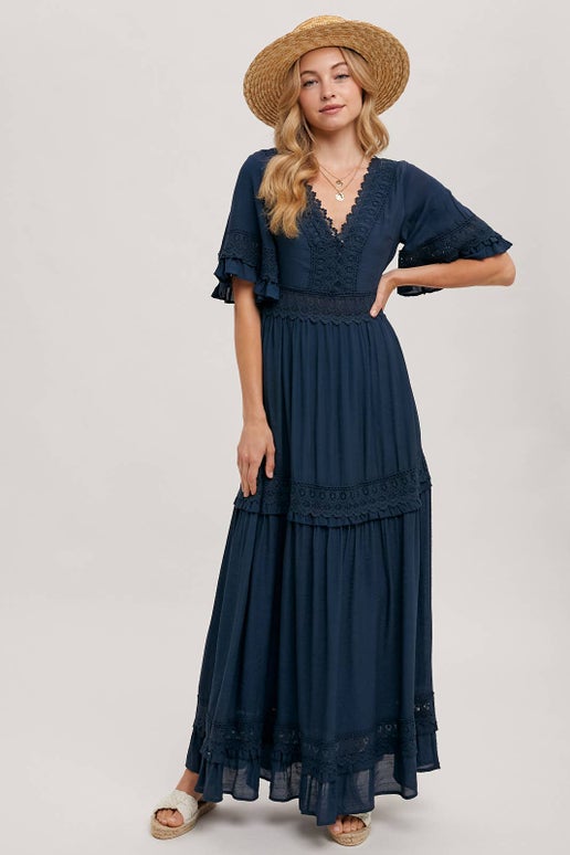 Chloe Lace Trimmed Maxi Dress in Navy