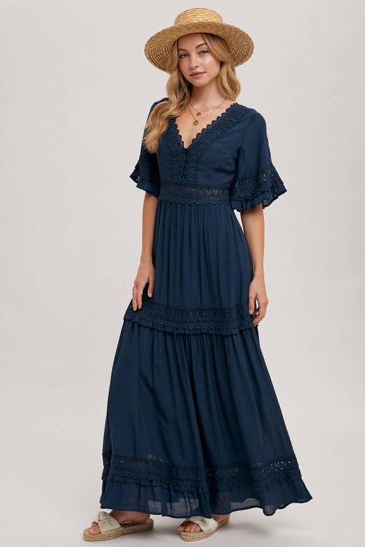 Chloe Lace Trimmed Maxi Dress in Navy