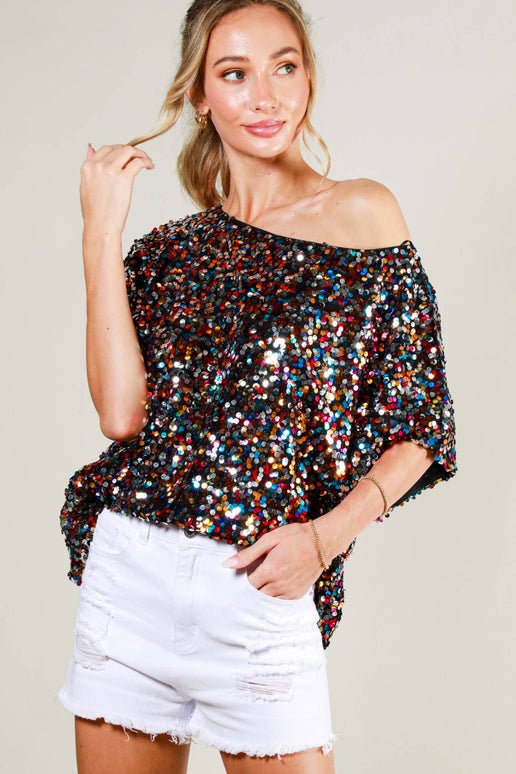 Party Time Loose Fit Sequin Dolman Sleeve Blouse