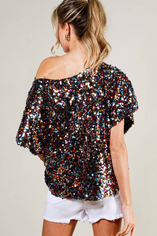 Party Time Loose Fit Sequin Dolman Sleeve Blouse