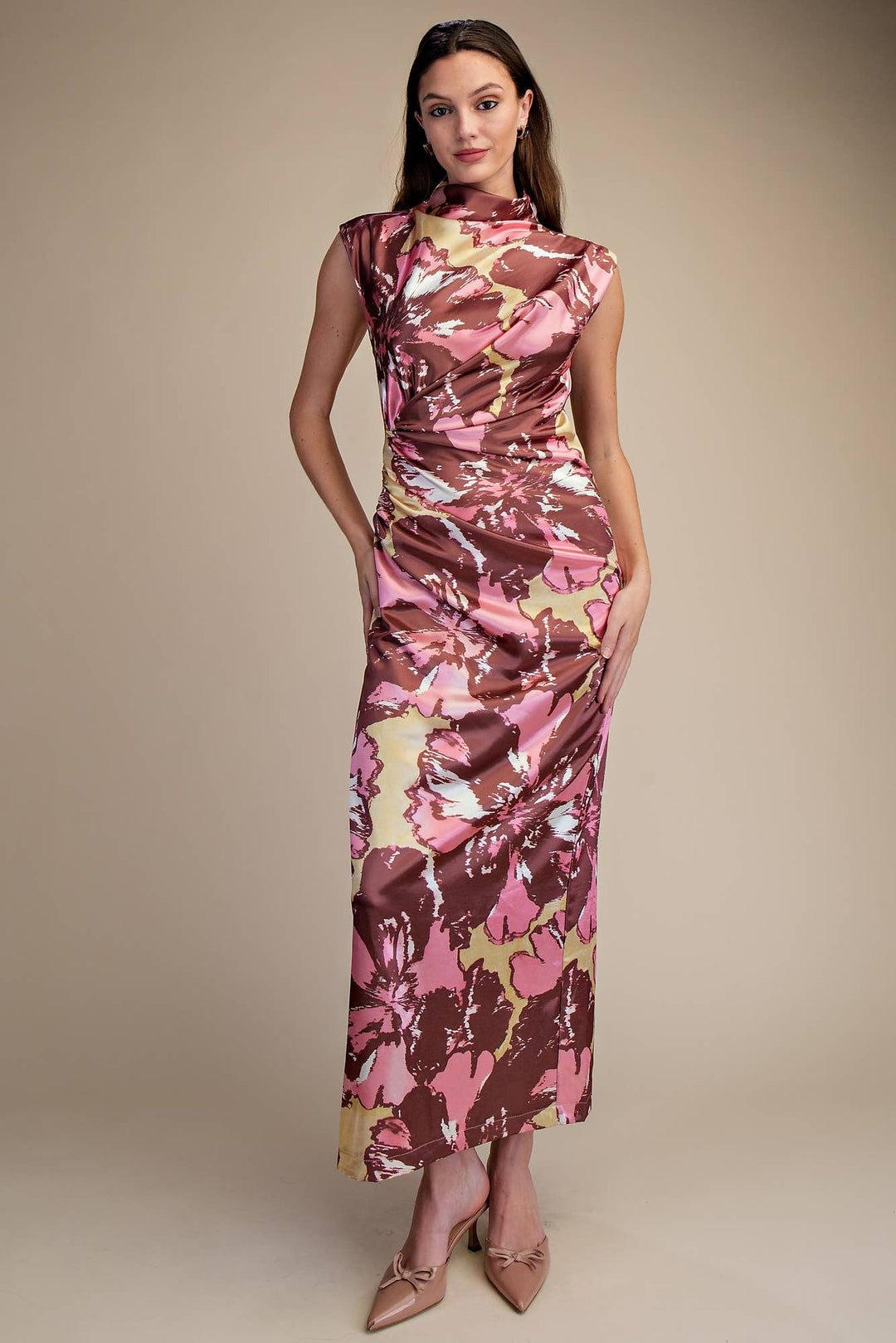 Afterglow Floral Ruched Midi Dress in pink and chocolate front view