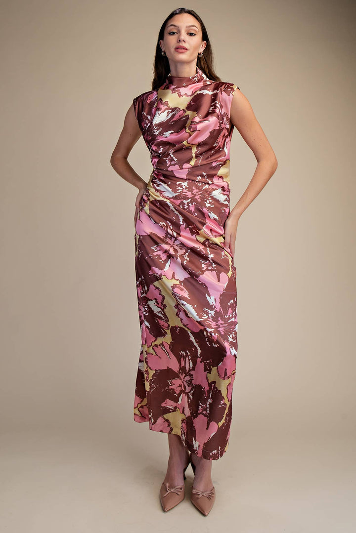pink and chocolate floral ruched midi dress full front view