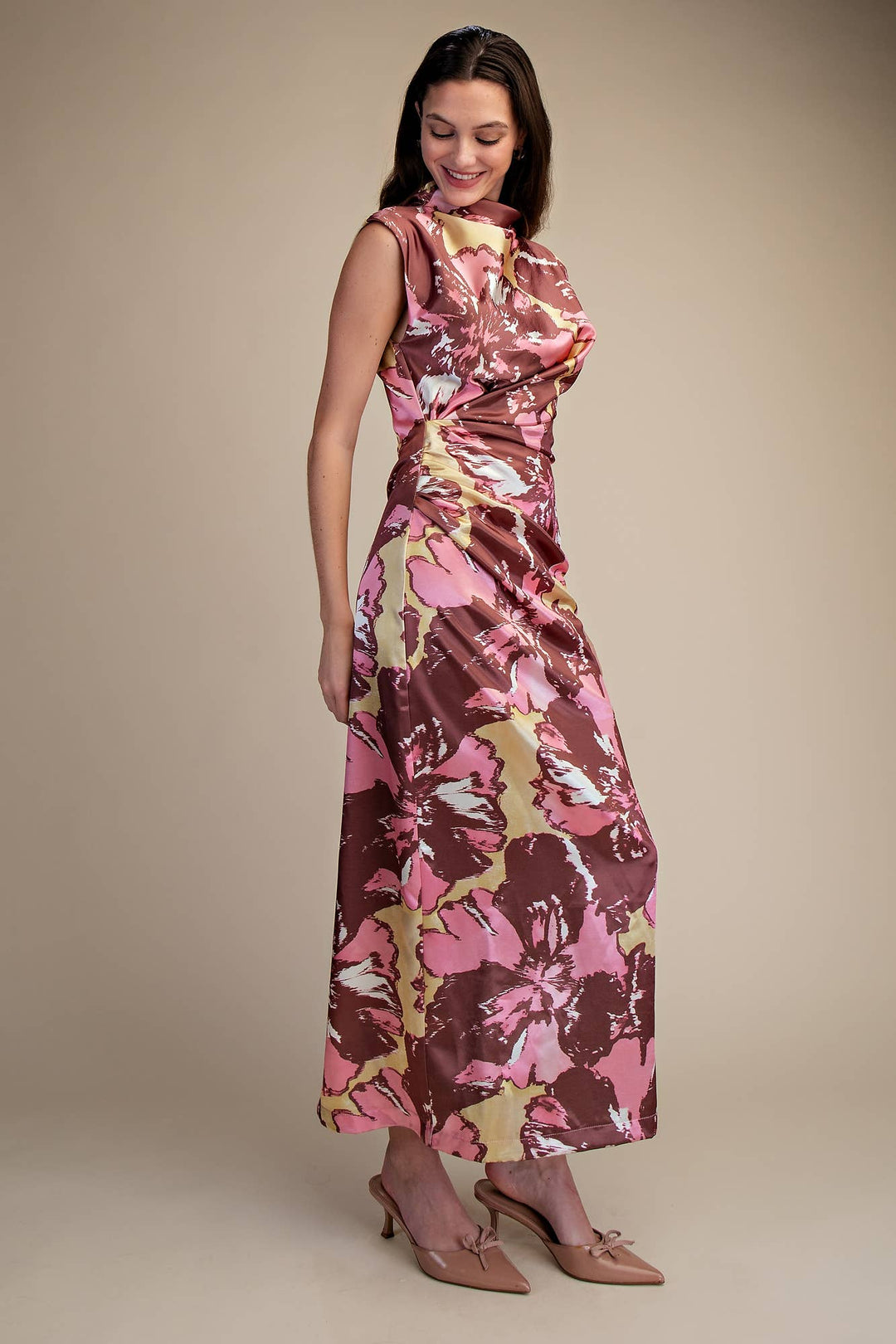 Pink chocolate floral satin midi dress angled view