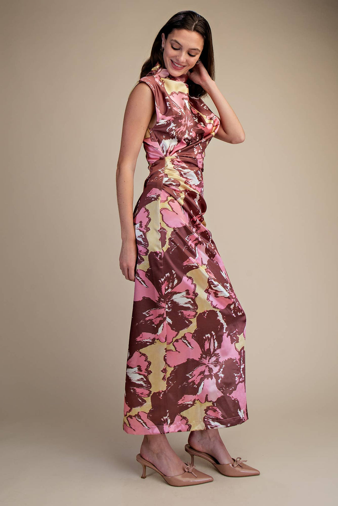 Floral ruched midi dress side profile in pink and chocolate