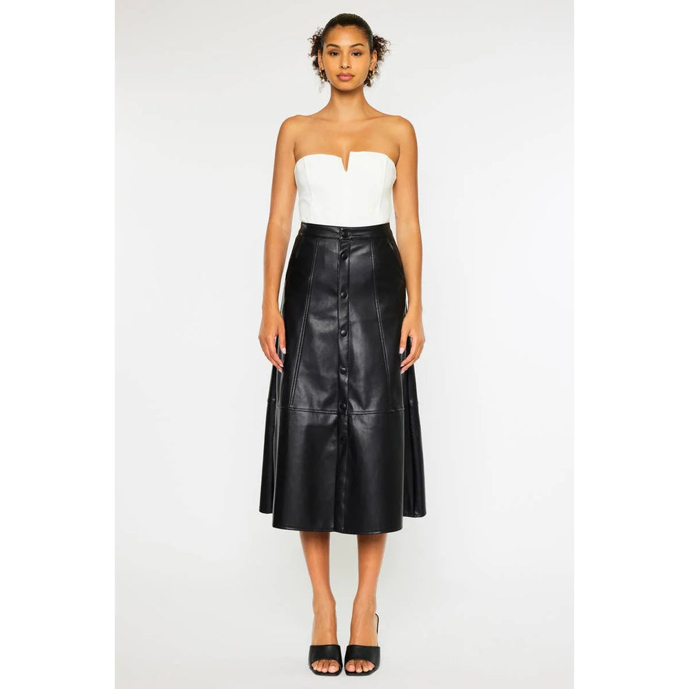 Front view of Rebel Luxe black faux leather midi skirt with snap-button closure and flattering A-line shape