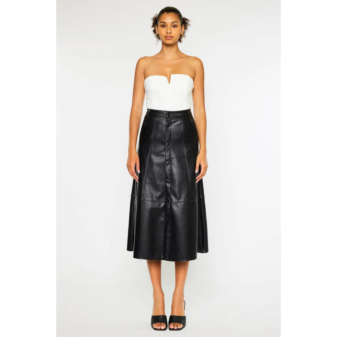 Front view of Rebel Luxe black faux leather midi skirt with snap-button closure and flattering A-line shape