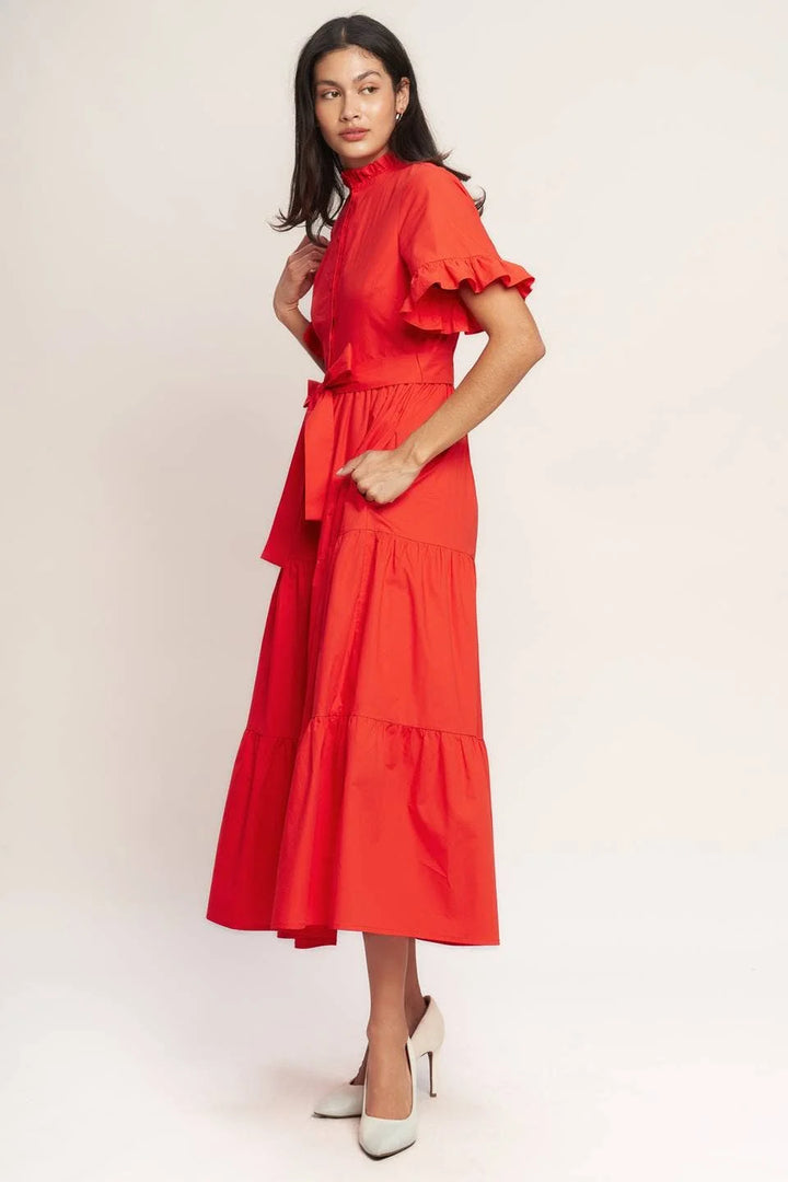 Orange red tiered midi dress with ruffle sleeves, button front and tie waist