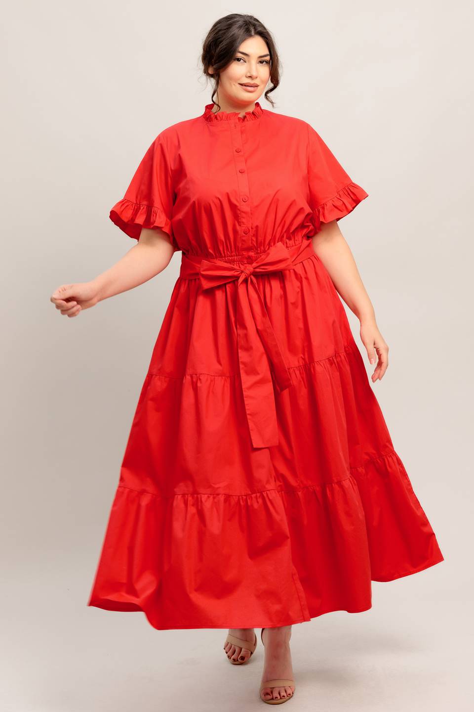 Plus size orange red tiered midi dress with ruffle neckline and sash tie
