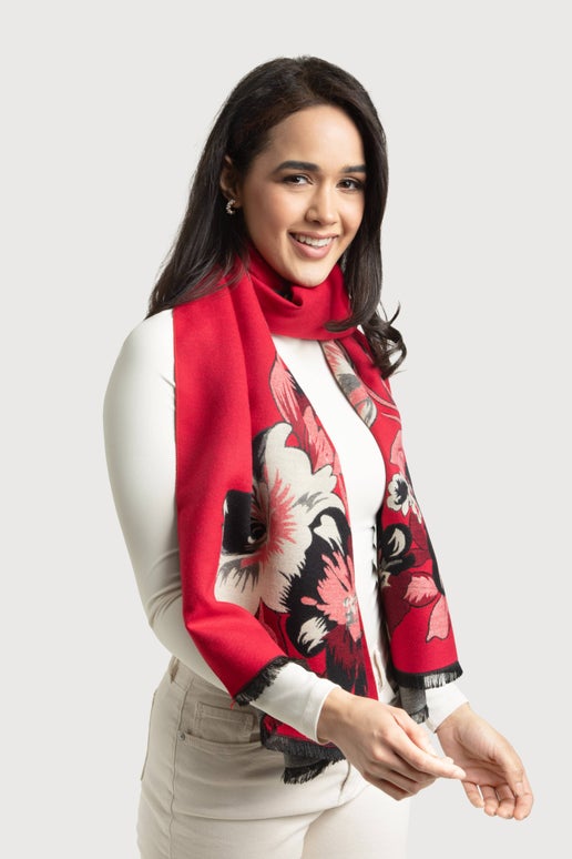 Red Flower Bloom Reversible Scarf - SAACHI