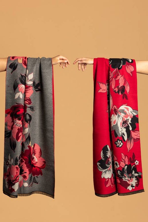 Red Flower Bloom Reversible Scarf - SAACHI