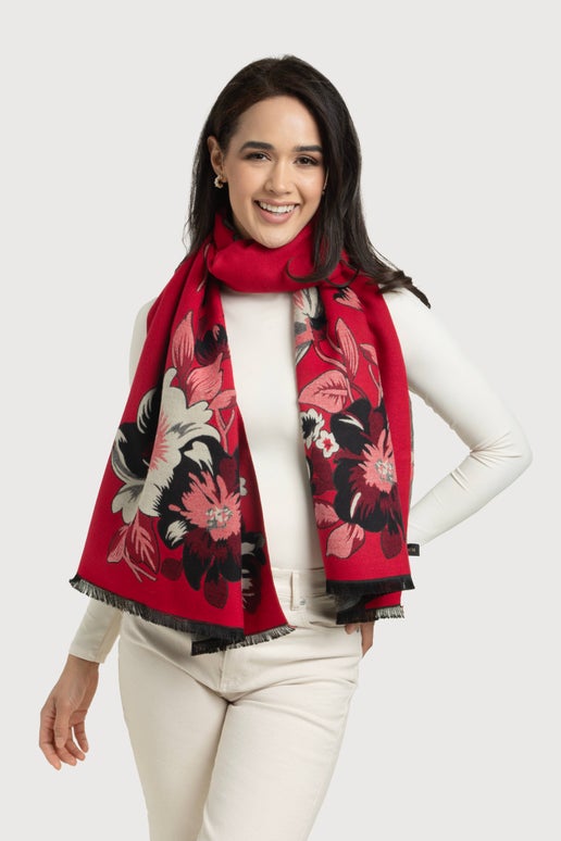 Red Flower Bloom Reversible Scarf - SAACHI