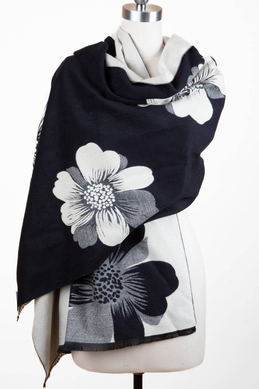 Black & Cream Reversible Floral Scarf