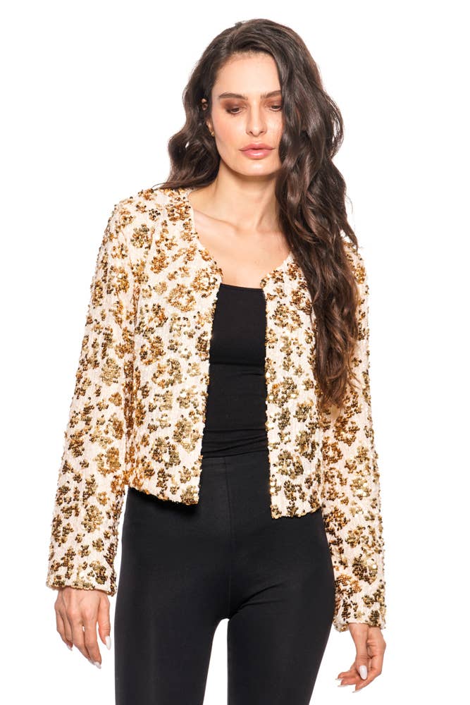 Front view of The Gilded Hour ivory cropped jacket with allover gold and bronze sequin embellishment