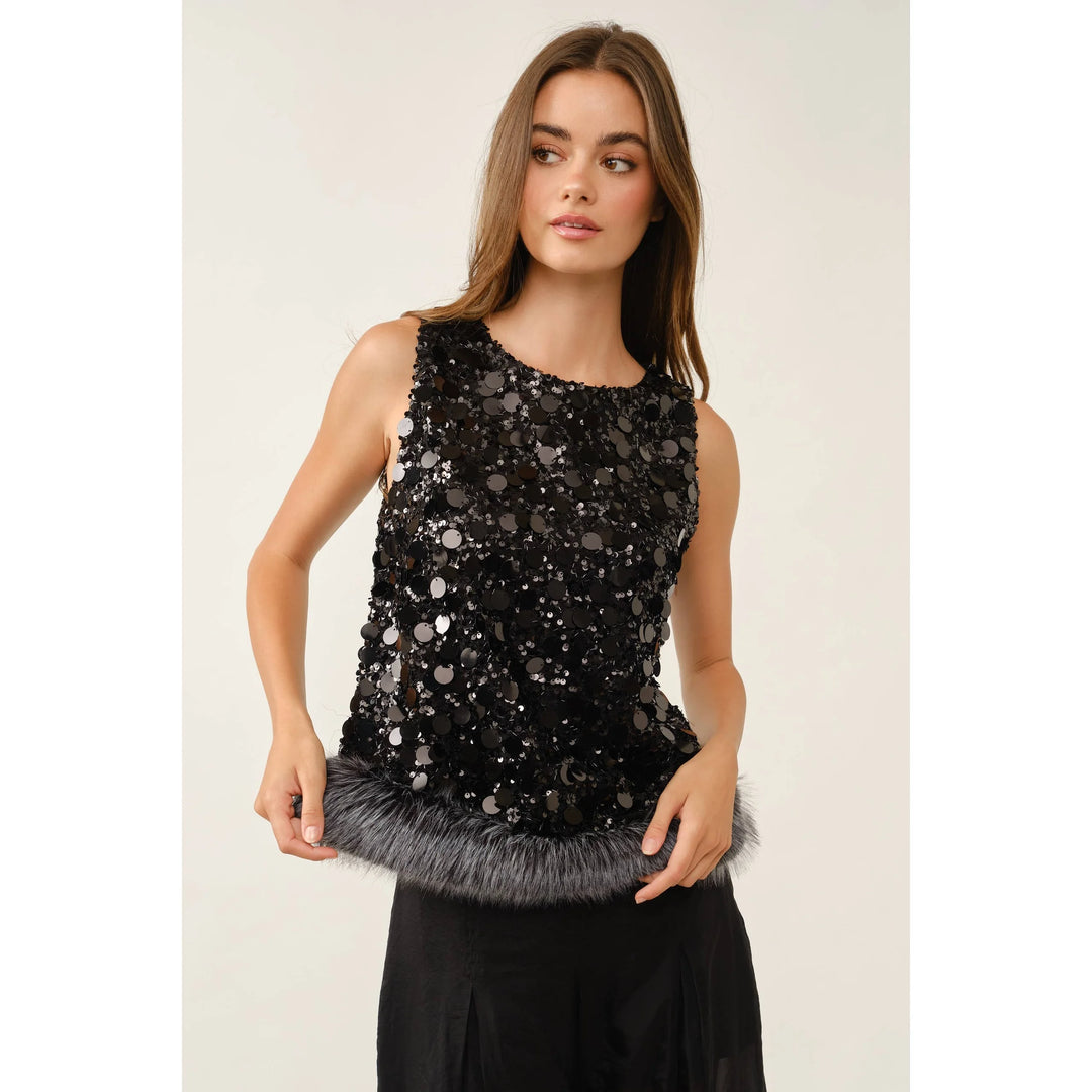 Fur the Drama black sequin sleeveless top with oversized paillettes and gray faux fur hem