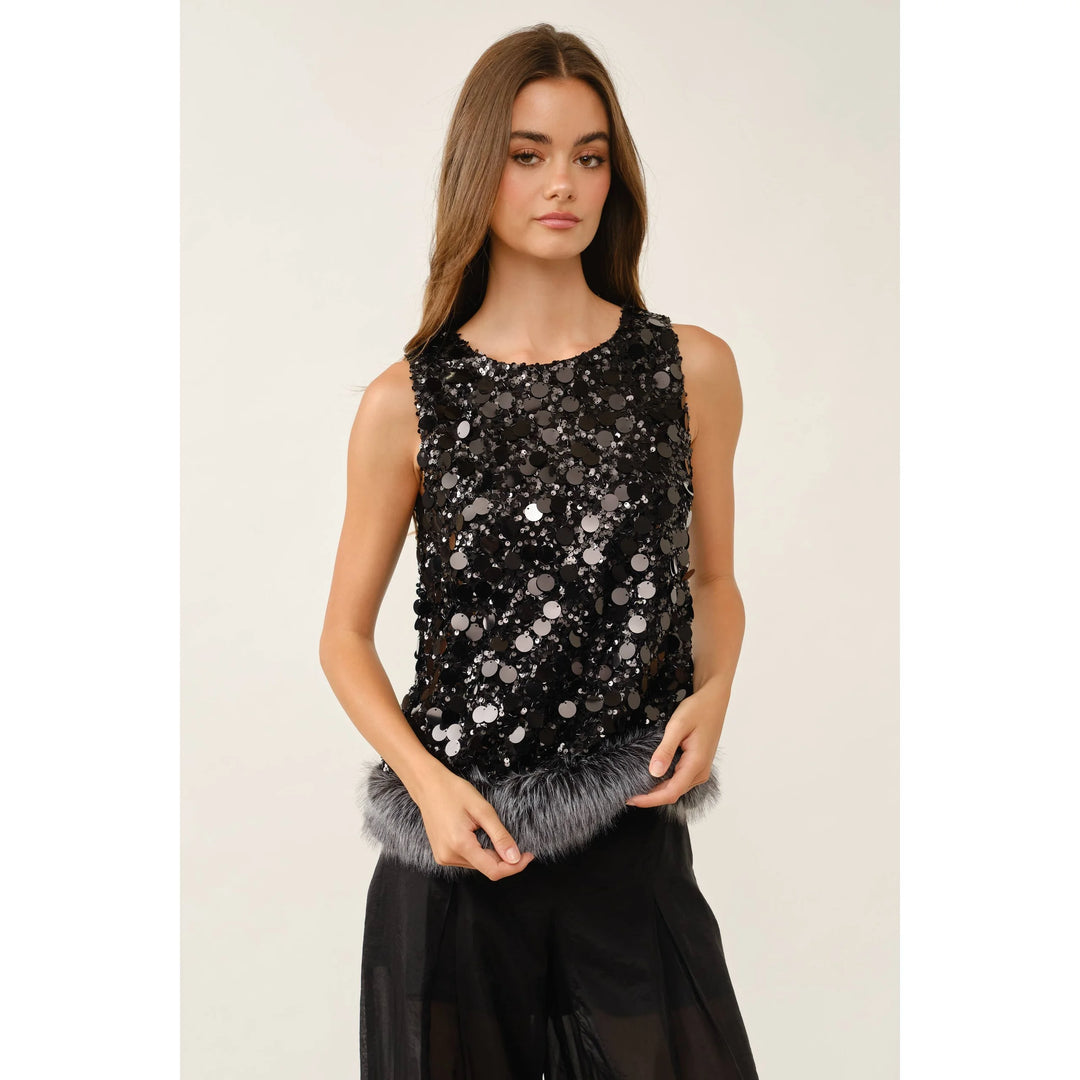 Fur the Drama black sequin top with faux fur trim shown from the front